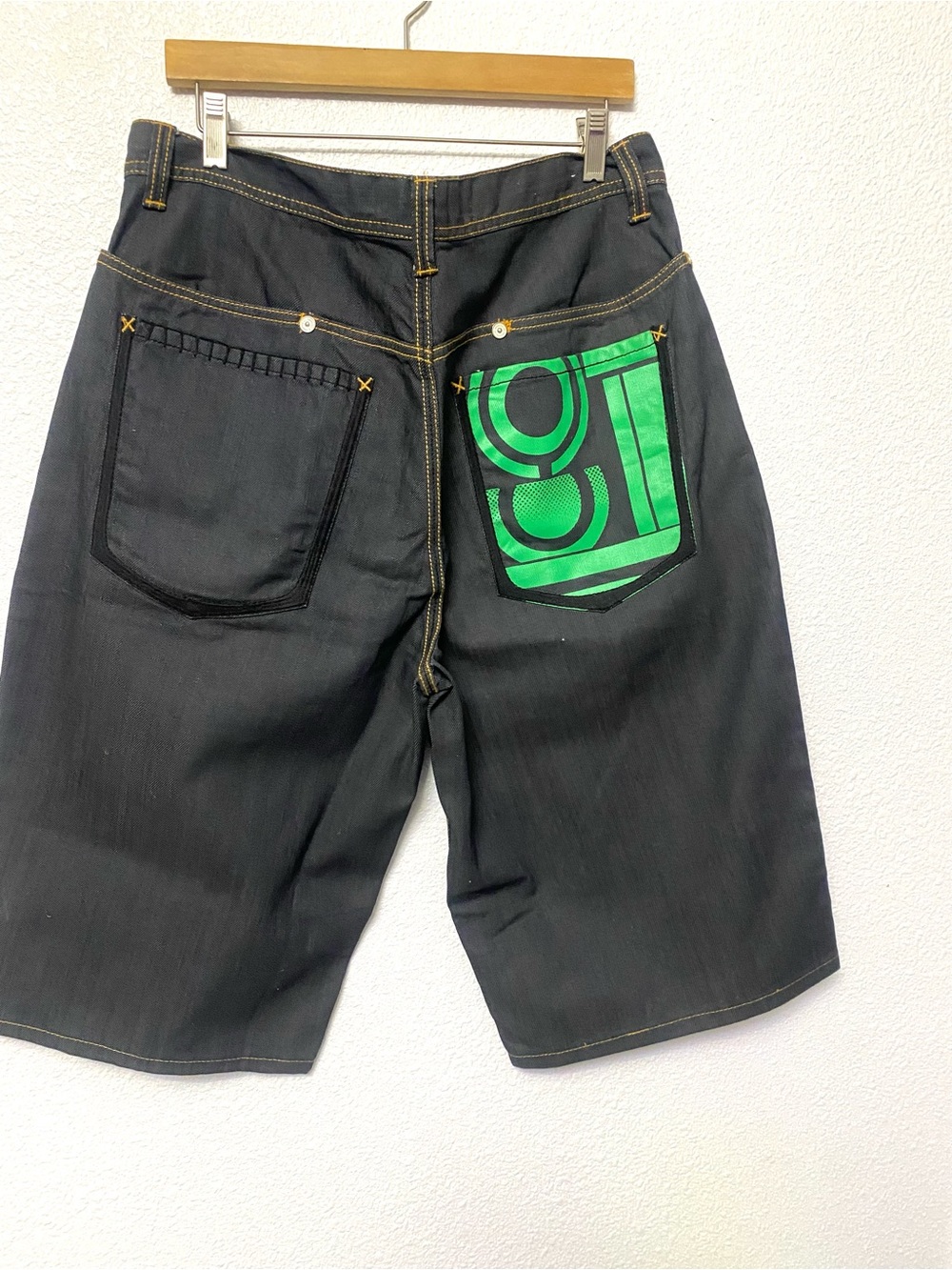 Anchor Blue Vintage Black Men's Flat Front Shorts with Green Graphic Back Pocket